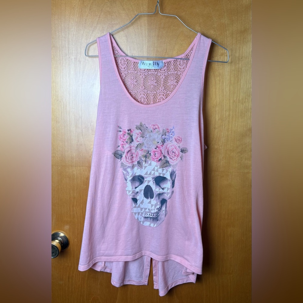 Wound Up Pink Floral Skull Lace-Back Tank Top